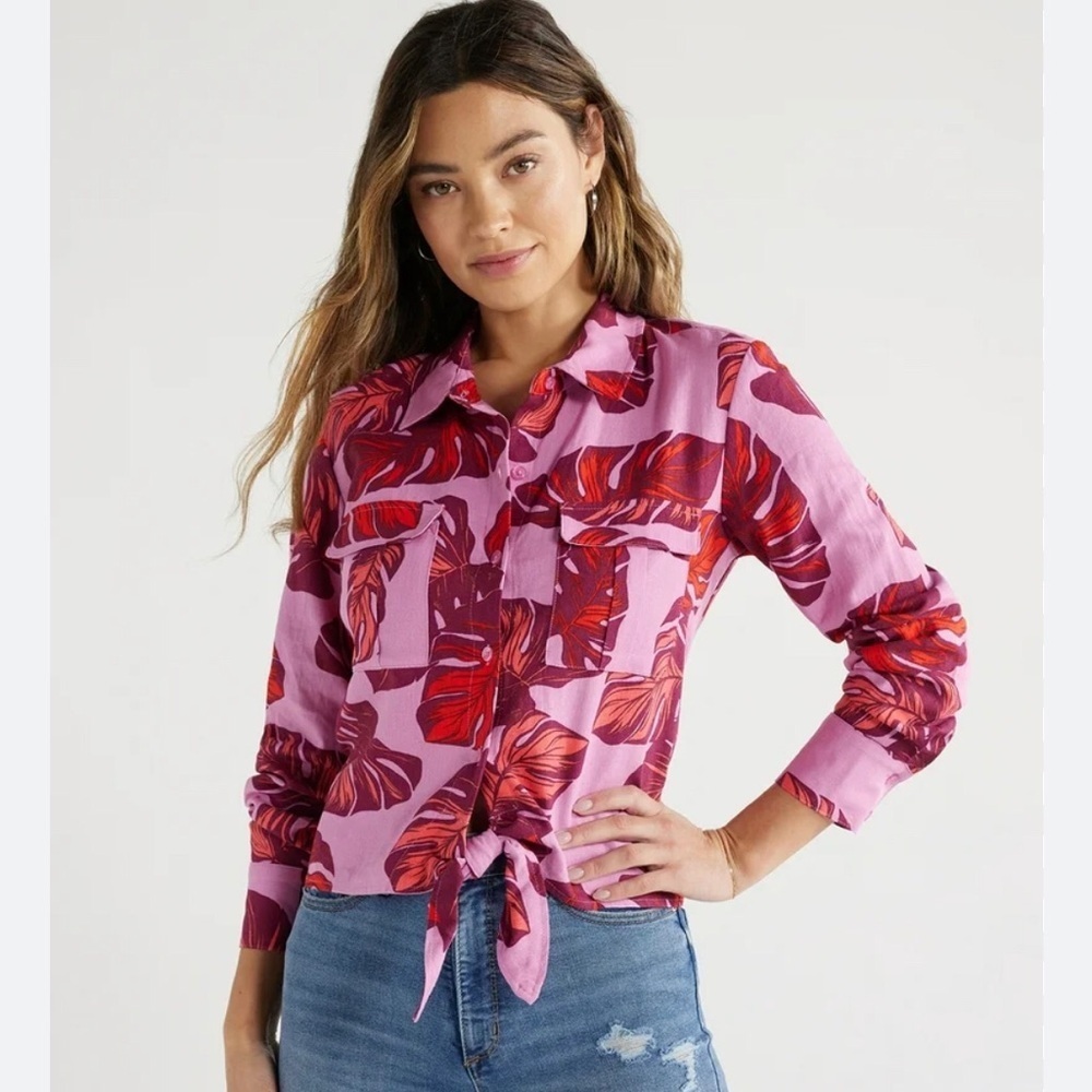 Sofia Jeans Tie Front Blouse Top Size M Pink Red Linen Blend Tropical Coastal